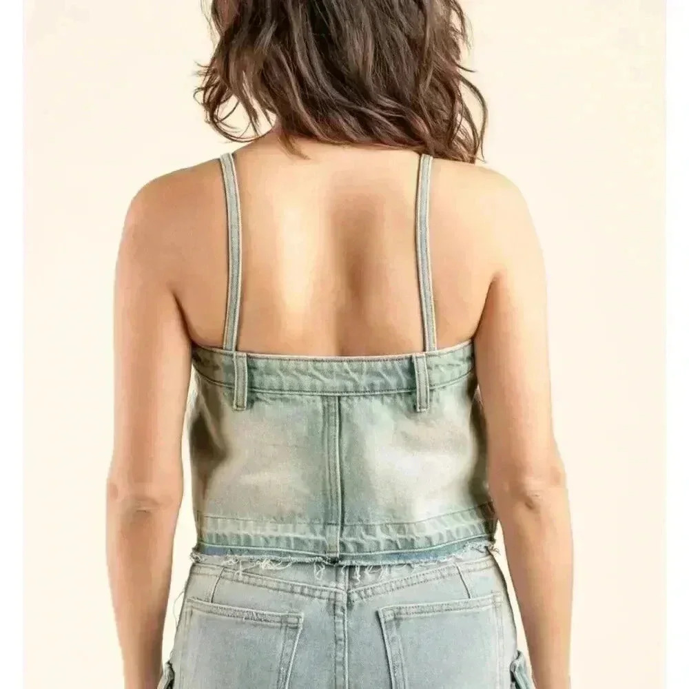 ZARA Denim Jean Cropped Pants Top Spaghetti Straps Size Large Bloggers Blue Wash - Picture 2 of 9